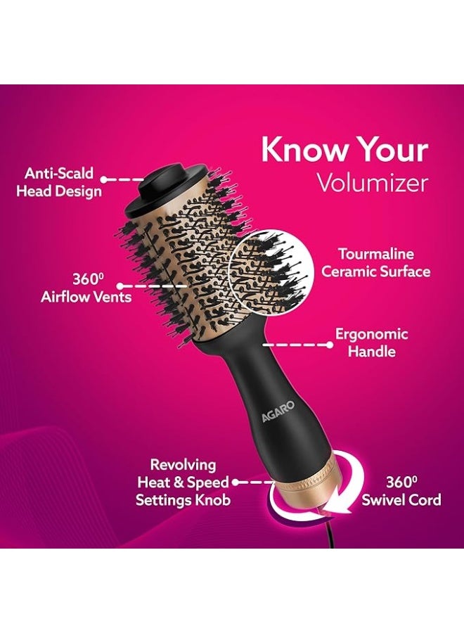 AGARO HV2179 1200 Watts Professional Volumizer Hair Dryer, 24K Gold Styling Surface, Activated Charcoal Bristles, Ceramic Tourmaline Coating Brush Head, One Step Styler, Hot Air Blow Brush for Women - Image 4